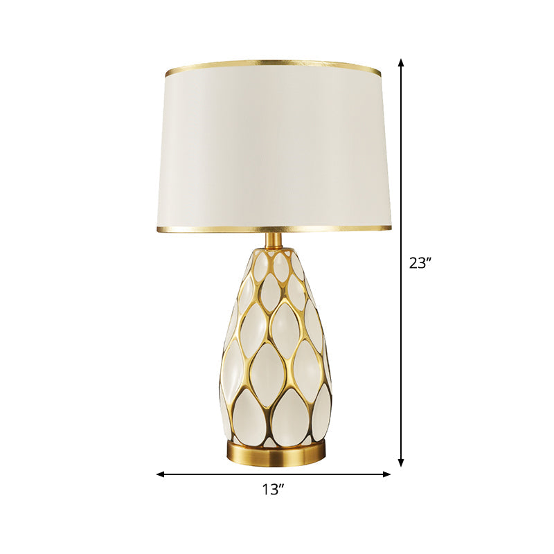 Ceramic Drum Table Lamp: Modern White Night Light For Living Room With Fabric Shade