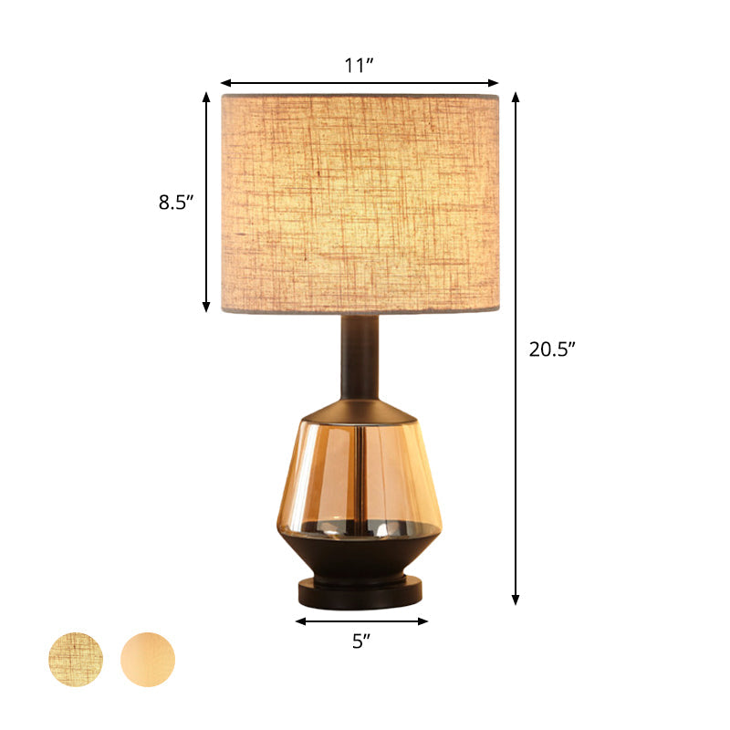 Modern Cylinder Nightstand Lamp For Living Room White/Beige Fabric 1 Head Amber Glass