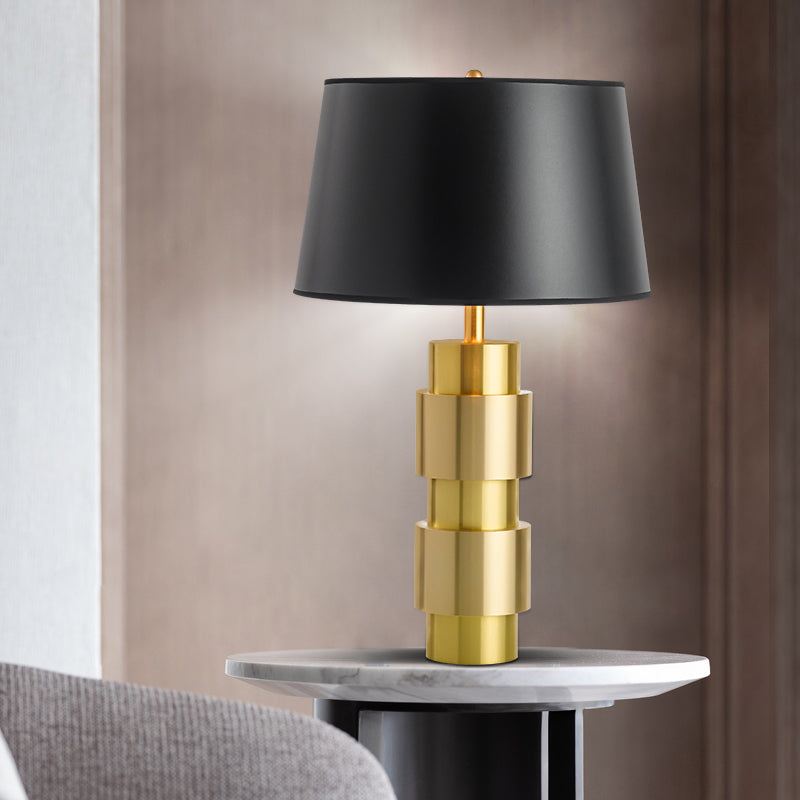 Minimalist Black Metal Table Light With Barrel Fabric Shade For Bedroom Night Lighting