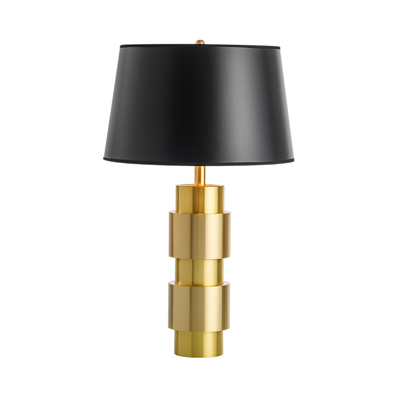 Minimalist Black Metal Table Light With Barrel Fabric Shade For Bedroom Night Lighting