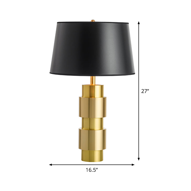 Minimalist Black Metal Table Light With Barrel Fabric Shade For Bedroom Night Lighting