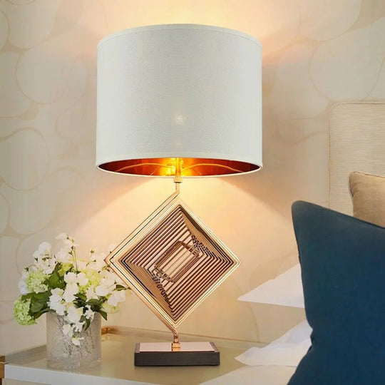 Modern Metal Square Night Stand Light With White Drum Shade 1 Bulb Nightstand Lighting