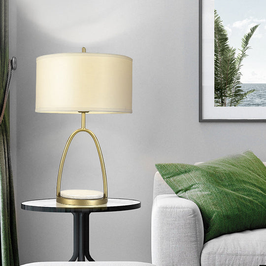 Modern Metal Drum Nightstand Light With White Fabric Shade - Perfect For Living Room