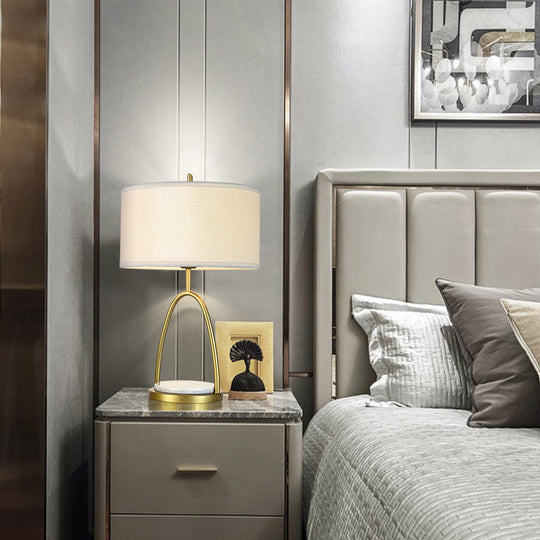 Modern Metal Drum Nightstand Light With White Fabric Shade - Perfect For Living Room