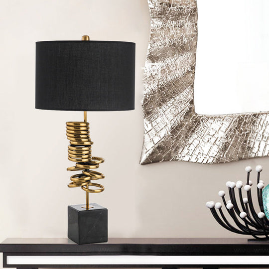 Post-Modern Drum Marble Table Lamp In Black With Fabric Shade - Ideal For Living Room Lighting