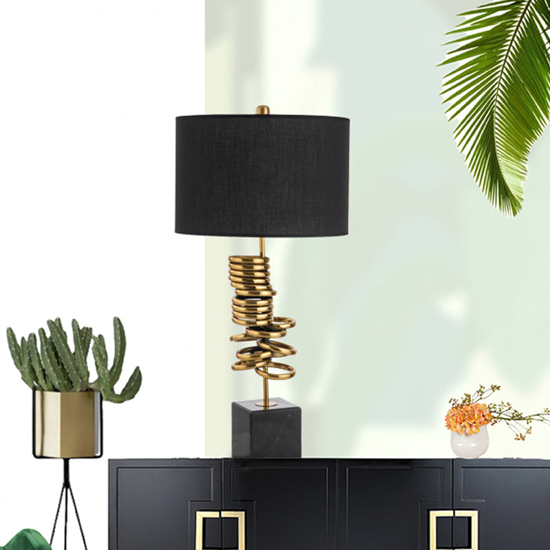 Post-Modern Drum Marble Table Lamp In Black With Fabric Shade - Ideal For Living Room Lighting