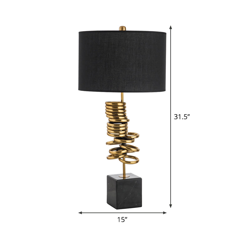 Post-Modern Drum Marble Table Lamp In Black With Fabric Shade - Ideal For Living Room Lighting