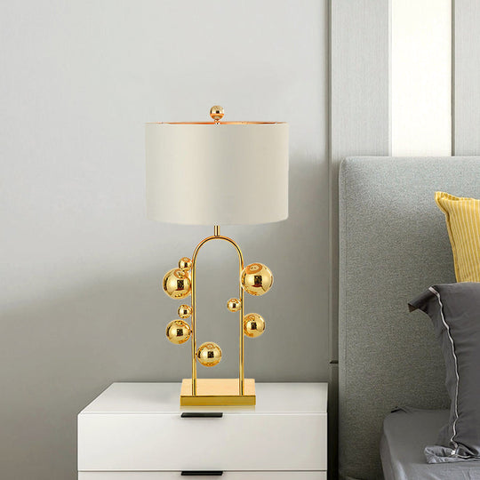 Ball Metal Night Table Lamp - Post-Modern 1 Light | White Fabric Nightstand Lighting For Living Room