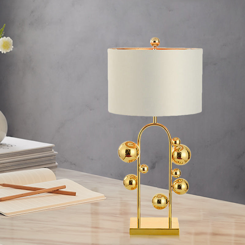 Ball Metal Night Table Lamp - Post-Modern 1 Light | White Fabric Nightstand Lighting For Living Room