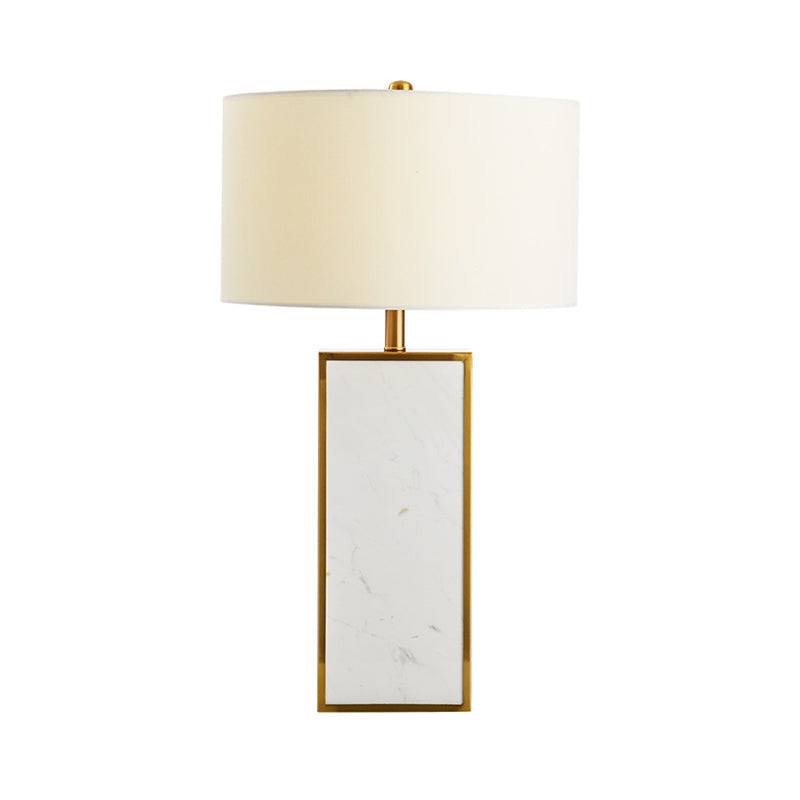 Contemporary White Fabric Stone Drum Table Light: Stylish 1-Head Nightstand Lighting For Living Room