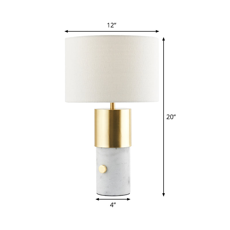 1-Light Nordic Night Lamp With White Marble Column - Drum Fabric Shade For Bedroom Lighting