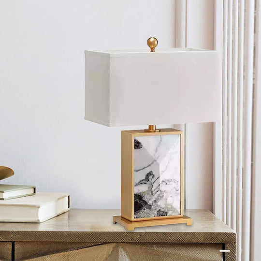 Nordic White Marble Nightstand Lamp With Rectangular Design And Fabric Shade - 1 Bulb Lighting