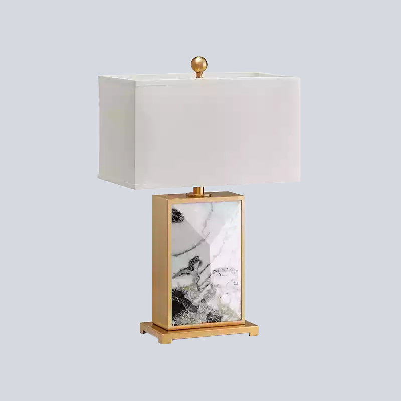 Nordic White Marble Nightstand Lamp With Rectangular Design And Fabric Shade - 1 Bulb Lighting