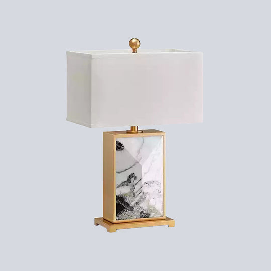 Nordic White Marble Nightstand Lamp With Rectangular Design And Fabric Shade - 1 Bulb Lighting