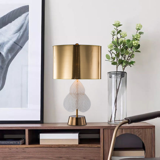 Gold Metal Drum Nightstand Lamp - Luxury Bedroom Lighting With 1 Bulb