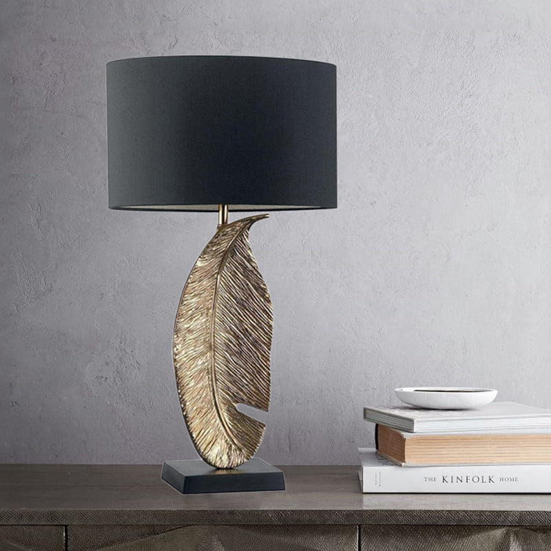 Black Fabric Table Lamp With Leaf-Shaped Metal Base - Modern 1-Light Night Lighting For Bedroom