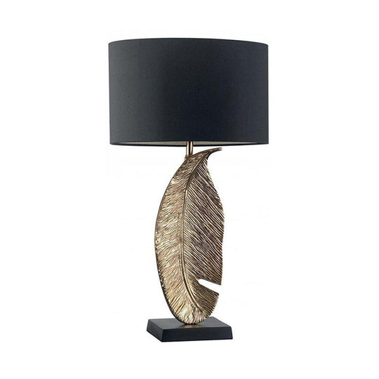 Black Fabric Table Lamp With Leaf-Shaped Metal Base - Modern 1-Light Night Lighting For Bedroom