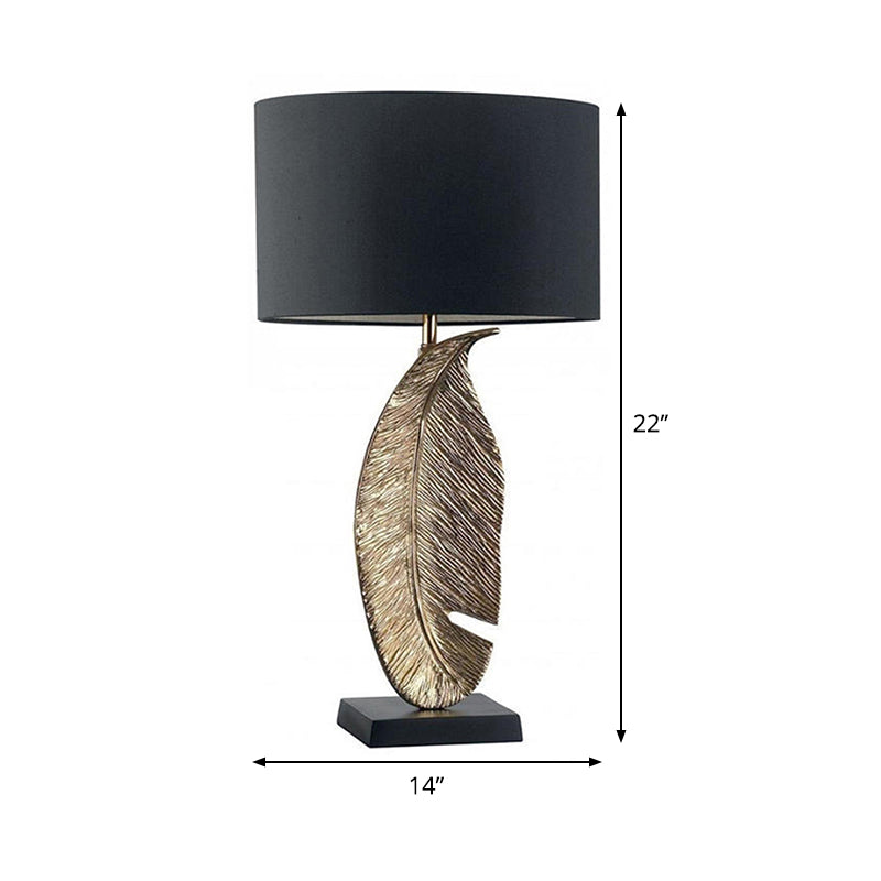 Black Fabric Table Lamp With Leaf-Shaped Metal Base - Modern 1-Light Night Lighting For Bedroom