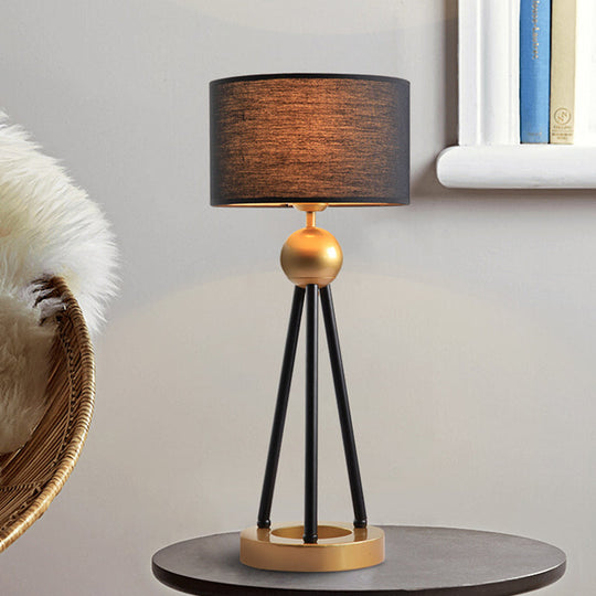 Post-Modern Black Drum Metal Table Lamp With Fabric Shade For Living Room