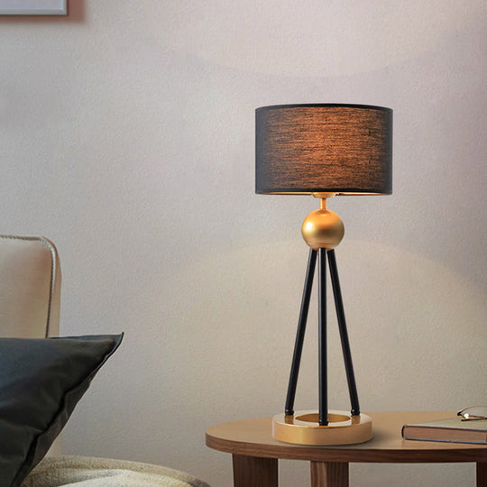 Post-Modern Black Drum Metal Table Lamp With Fabric Shade For Living Room