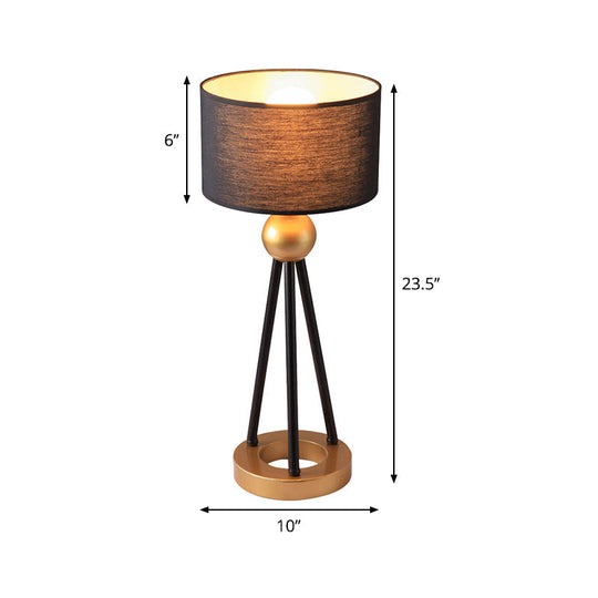 Post-Modern Black Drum Metal Table Lamp With Fabric Shade For Living Room