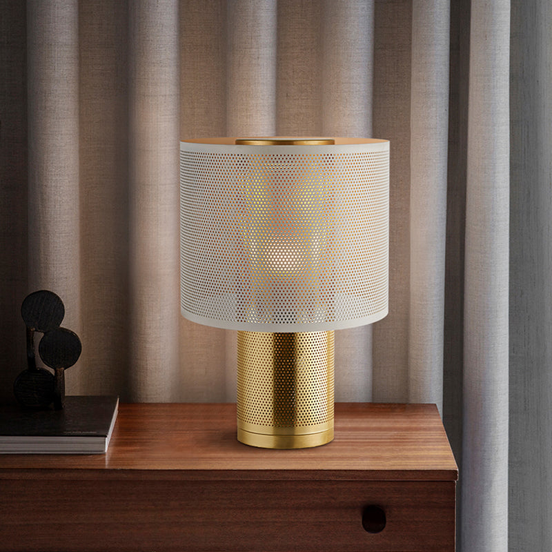 Minimalist 1-Light White Cylinder Nightstand Lamp With Metal Shade Bedroom Lighting