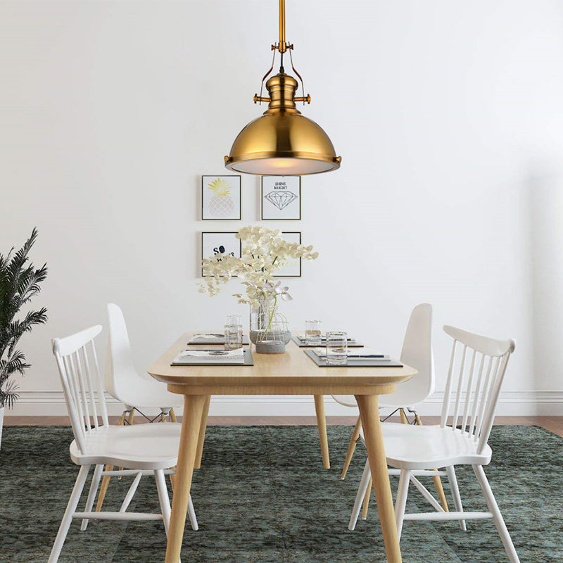 Antique-Style Metal Dome Pendant Light With Frosted Diffuser In Brass Gold