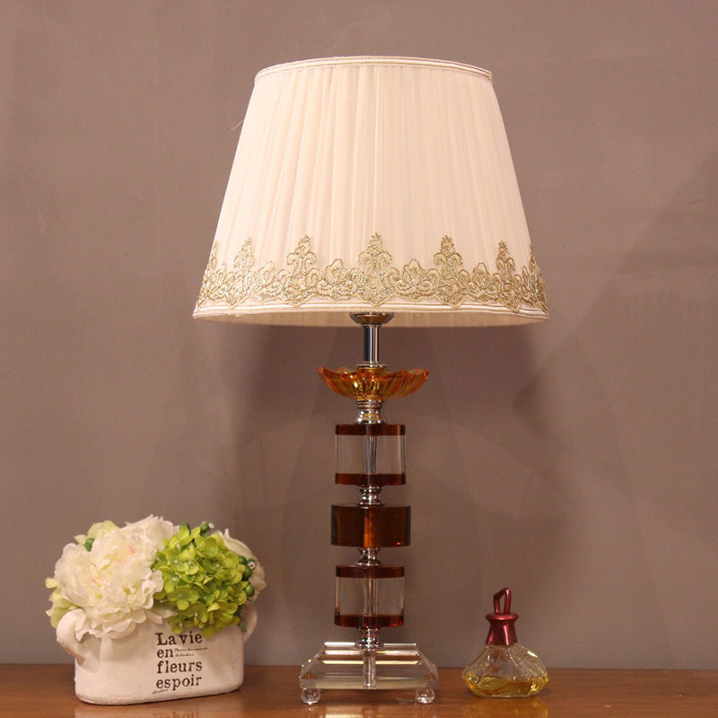 Modern Beige Bedroom Nightstand Lamp With Crystal Rectangle-Cut Design