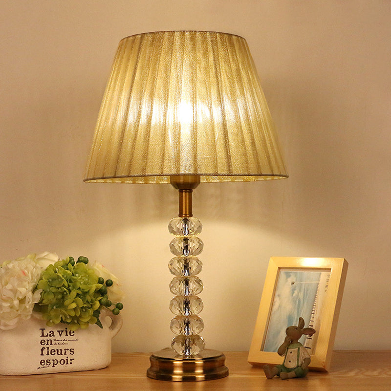 Beige Pleated Lampshade Table Lamp With Crystal Accent - Elegant Lighting For Living Room