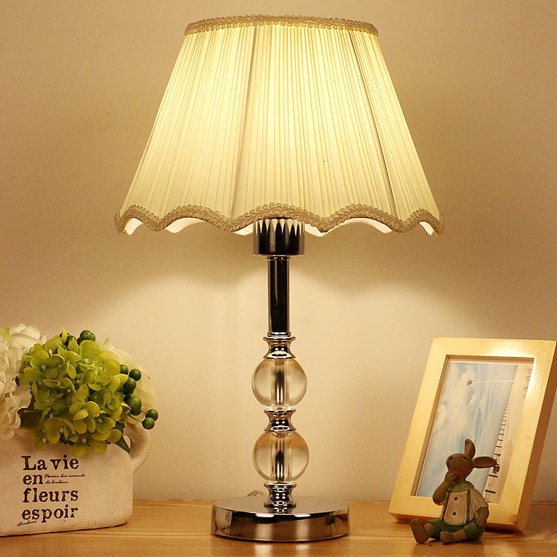 Contemporary Beige Scalloped Nightstand Lamp With Clear Crystal Ball Accent - 1 Light Night Table