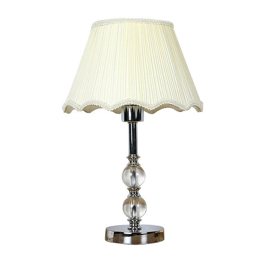 Contemporary Beige Scalloped Nightstand Lamp With Clear Crystal Ball Accent - 1 Light Night Table