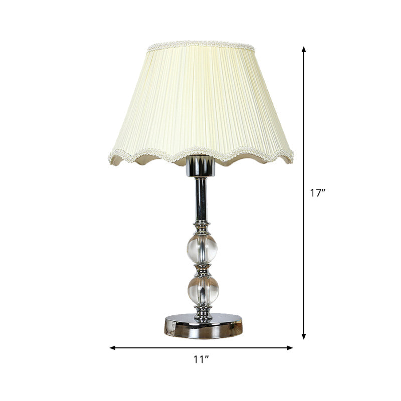 Contemporary Beige Scalloped Nightstand Lamp With Clear Crystal Ball Accent - 1 Light Night Table