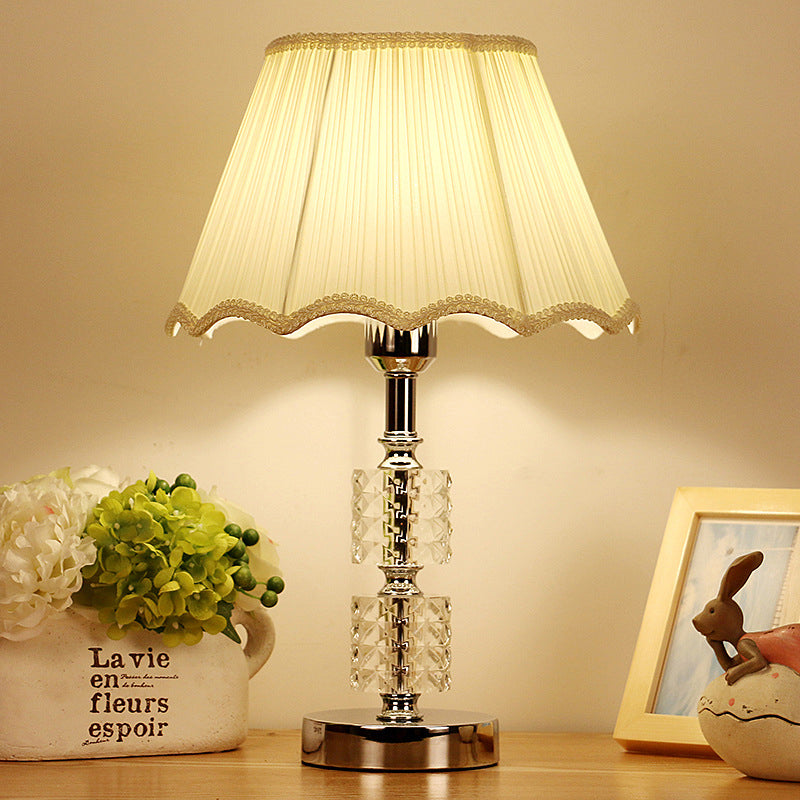 Modern Beige Crystal Night Lamp With Fabric Shade - 1-Bulb Nightstand Lighting