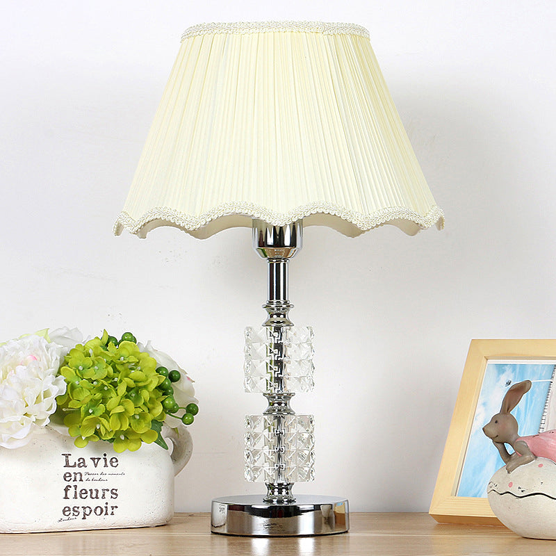 Modern Beige Crystal Night Lamp With Fabric Shade - 1-Bulb Nightstand Lighting