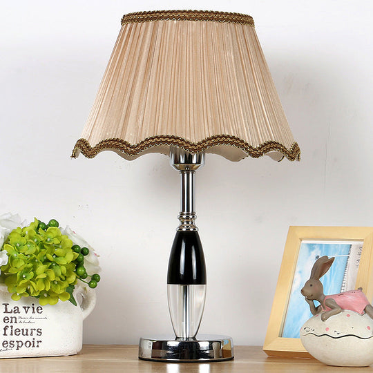 Contemporary K9 Crystal Scalloped Nightstand Lamp: 1-Bulb Beige Night Table Lighting