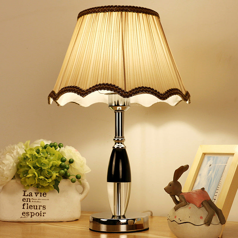 Contemporary K9 Crystal Scalloped Nightstand Lamp: 1-Bulb Beige Night Table Lighting