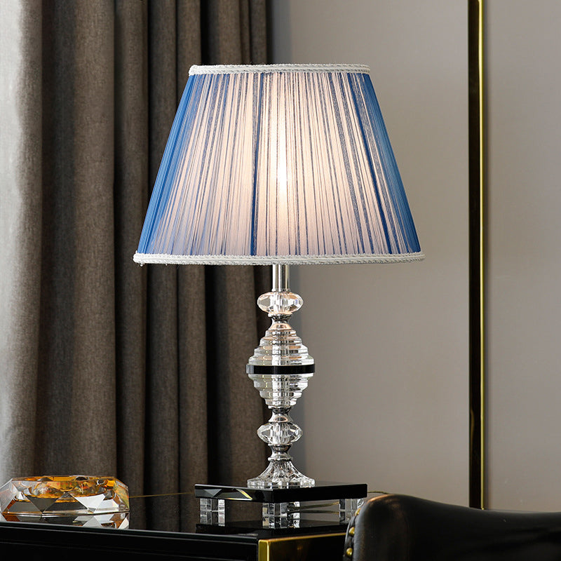 Contemporary Blue Nightstand Lamp With Clear K9 Crystal - Tapered Design 1 Bulb Ideal For Living