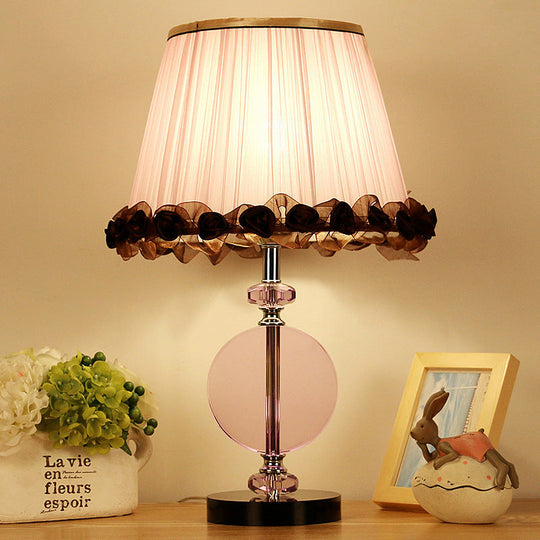 Modern Pink Nightstand Lamp With Crystal Accent And Pleated Shade