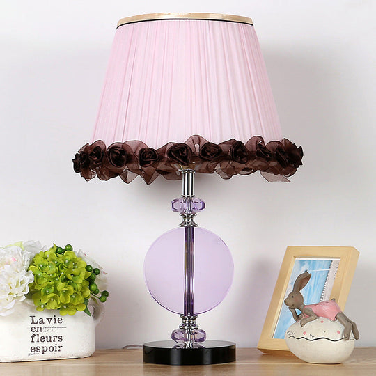 Modern Pink Nightstand Lamp With Crystal Accent And Pleated Shade