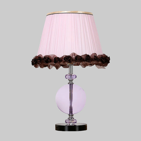 Modern Pink Nightstand Lamp With Crystal Accent And Pleated Shade