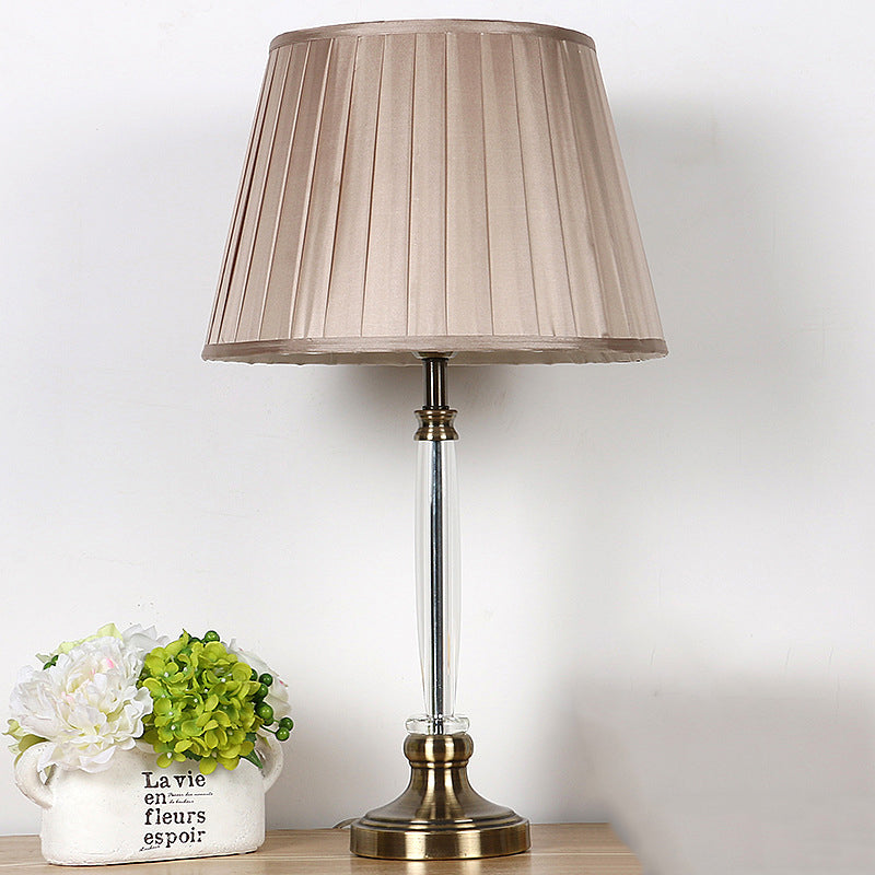 Sleek Crystal Nightstand Lamp With Pleated Lampshade - 1-Bulb Light Brown Night For Bedroom