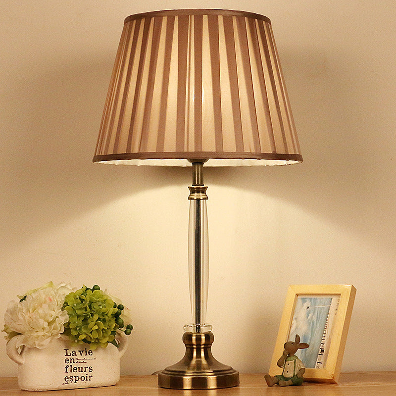 Sleek Crystal Nightstand Lamp With Pleated Lampshade - 1-Bulb Light Brown Night For Bedroom