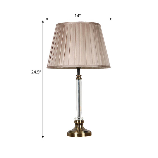 Sleek Crystal Nightstand Lamp With Pleated Lampshade - 1-Bulb Light Brown Night For Bedroom