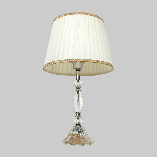 Modern Bedroom Crystal Table Lamp With Tapered Fabric Shade - White Nightstand Light