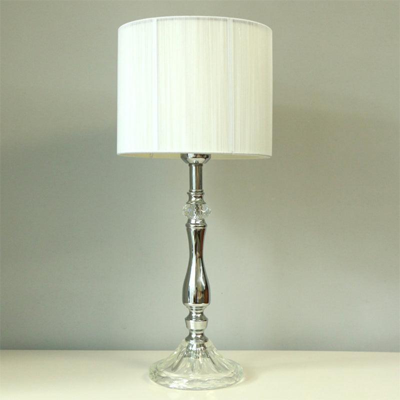 Modernist White Crystal Nightstand Lamp With Fabric Shade