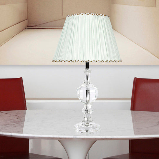 Contemporary White Pleated Shade Table Lamp With Beveled Crystal Prism Nightstand Light