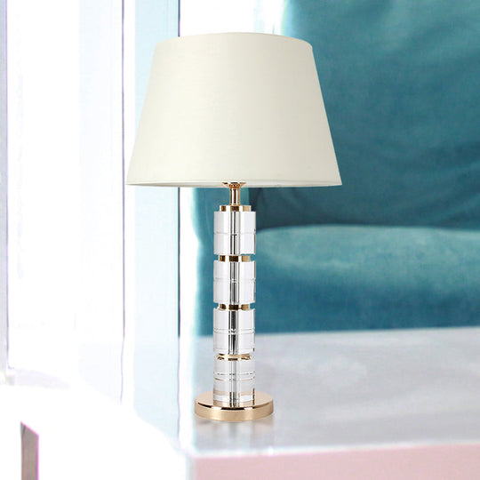 Minimalist 1-Bulb Table Lamp With White Column Design Clear K9 Crystal For Living Room