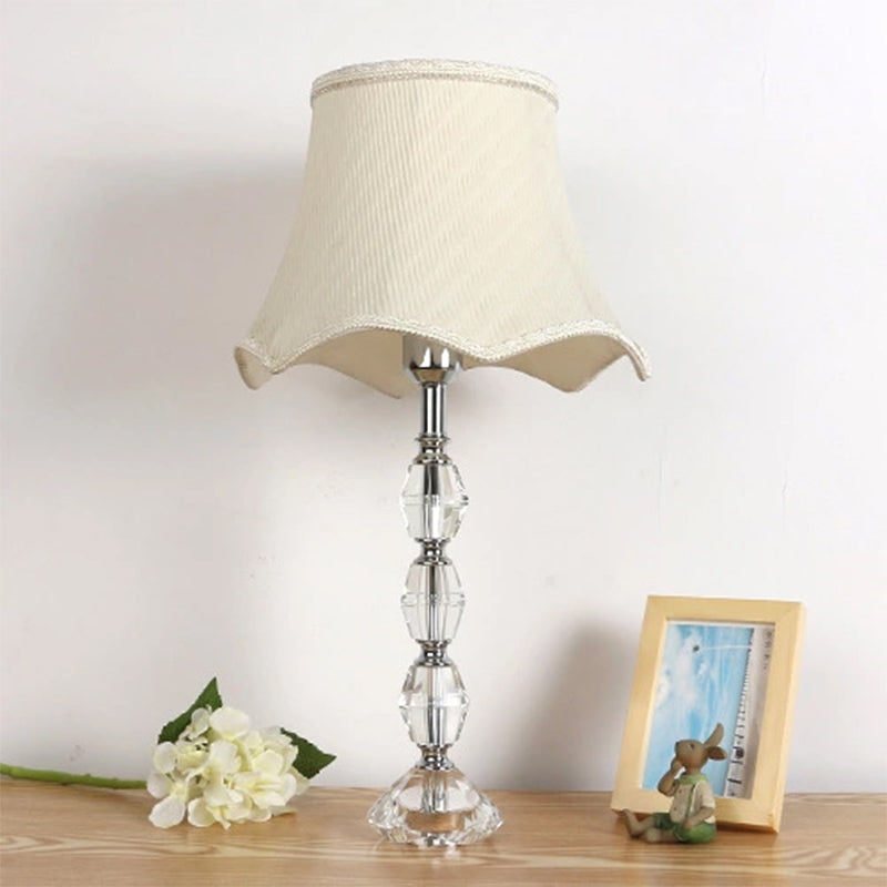 Minimalist 1-Light Beige Crystal Nightstand Lamp With Scalloped Fabric Shade For Bedroom Night Table