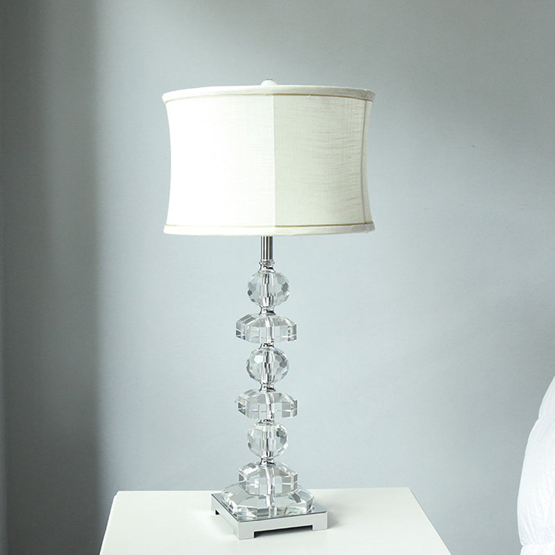 Modern White Drum Table Lamp: 1 Light Crystal Nightstand Lighting For Living Room