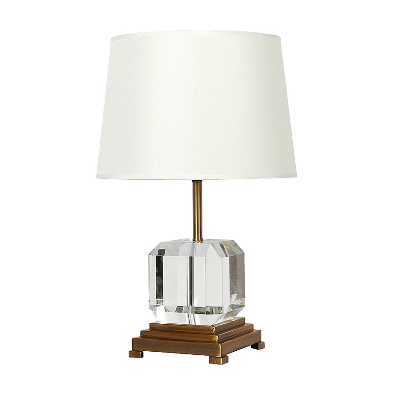 Contemporary White Barrel Night Table Lamp - Beveled K9 Crystal Nightstand Lighting With Square